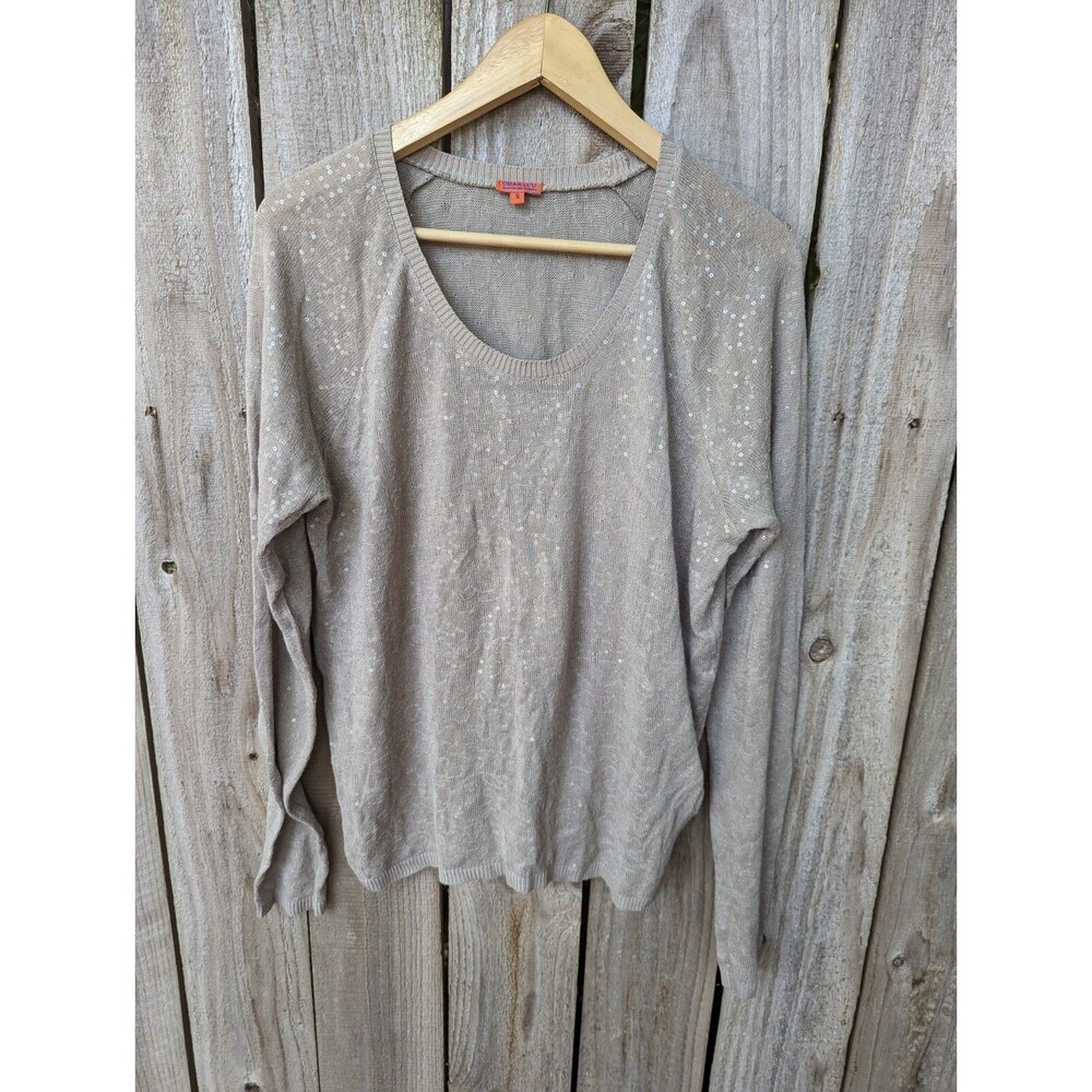 Chan Luu Sweater Scoop Neck Tan Beige Natural Sequins Small Long Sleeve Viscose